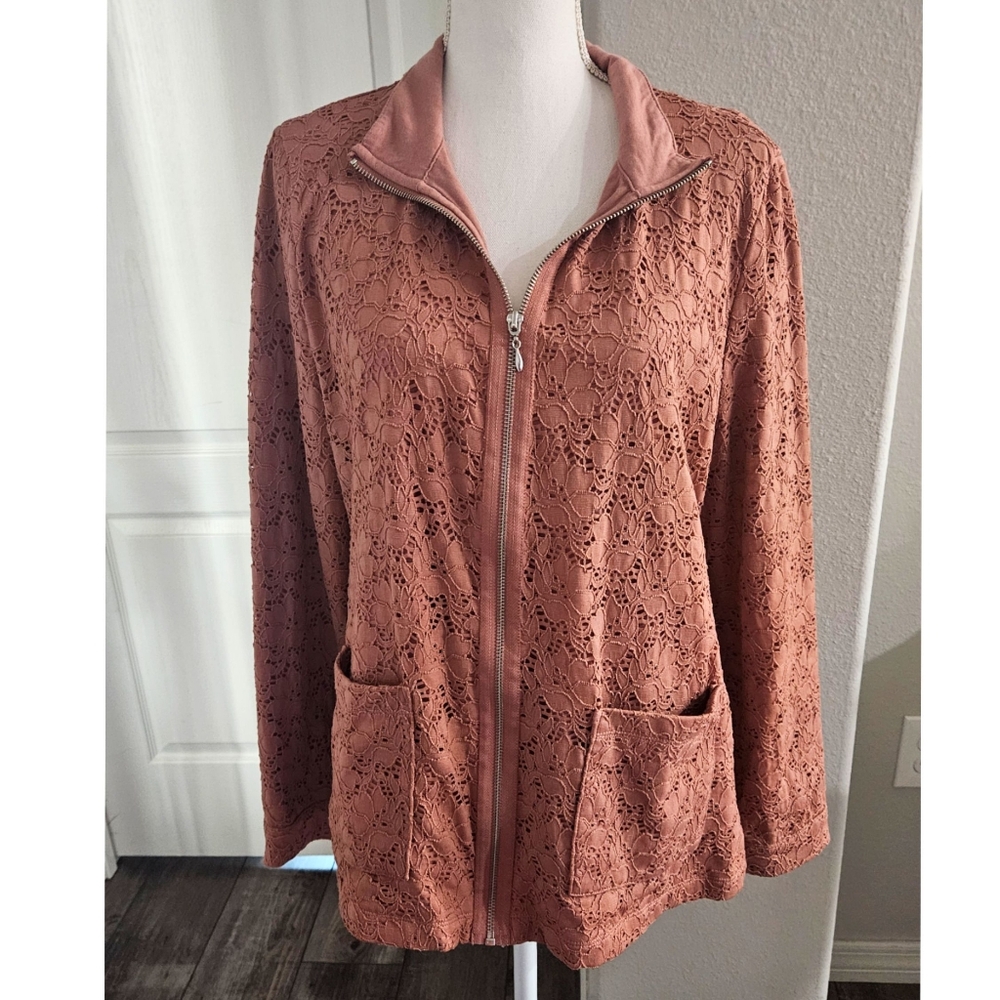 Lace Pink Zip Up Collar Jacket Size Medium